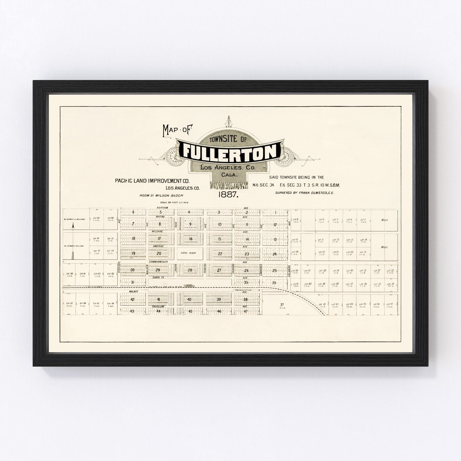 vintage map of Fullerton, California, 1887