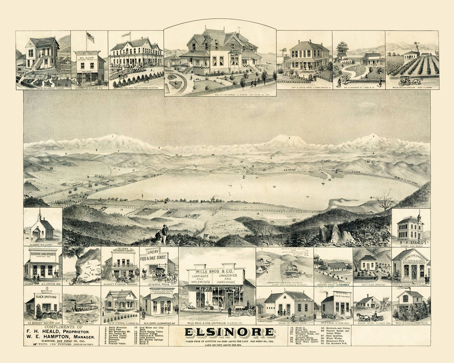 Vintage Map of Elsinore, California 1887