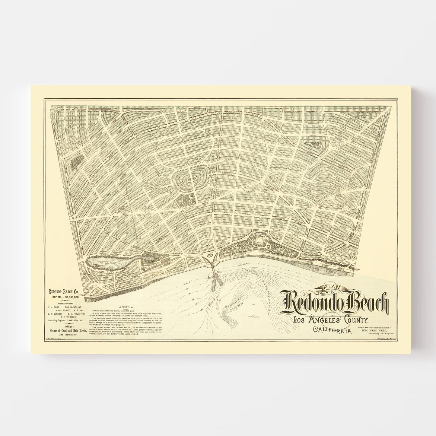 Vintage Map of Redondo Beach, Los Angeles County, California, 1888