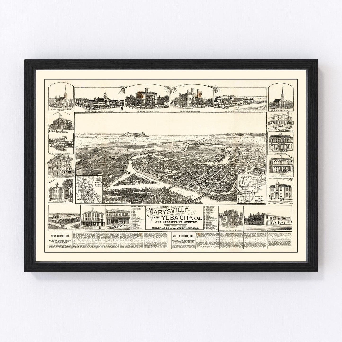 Vintage 1888 map of Yuba California gold rush era, digitally restored print