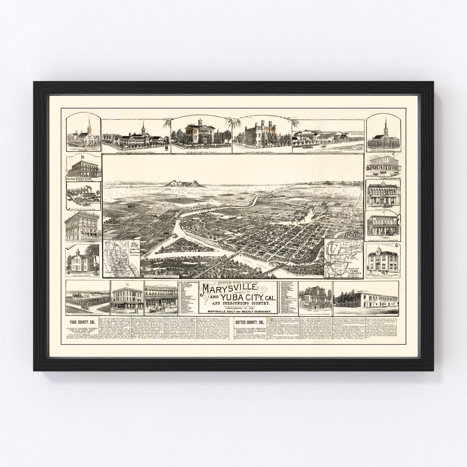 Vintage 1888 map of Yuba California gold rush era, digitally restored print