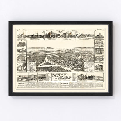 Vintage 1888 map of Yuba California gold rush era, digitally restored print
