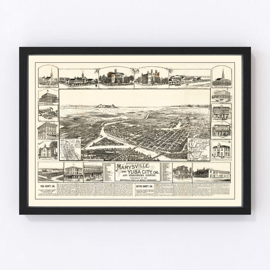 Vintage 1888 map of Yuba California gold rush era, digitally restored print