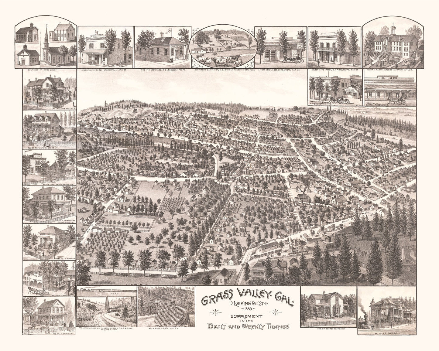 Vintage Map of Grass Valley, California, 1889