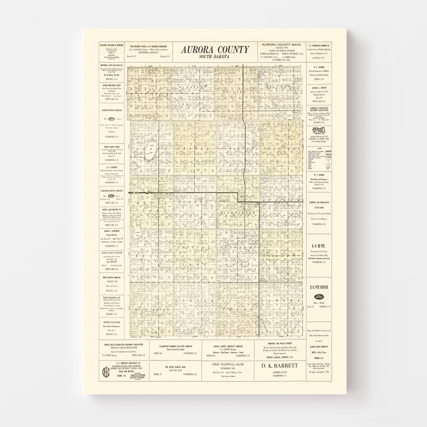 Vintage Map of Aurora County, South Dakota, 1930