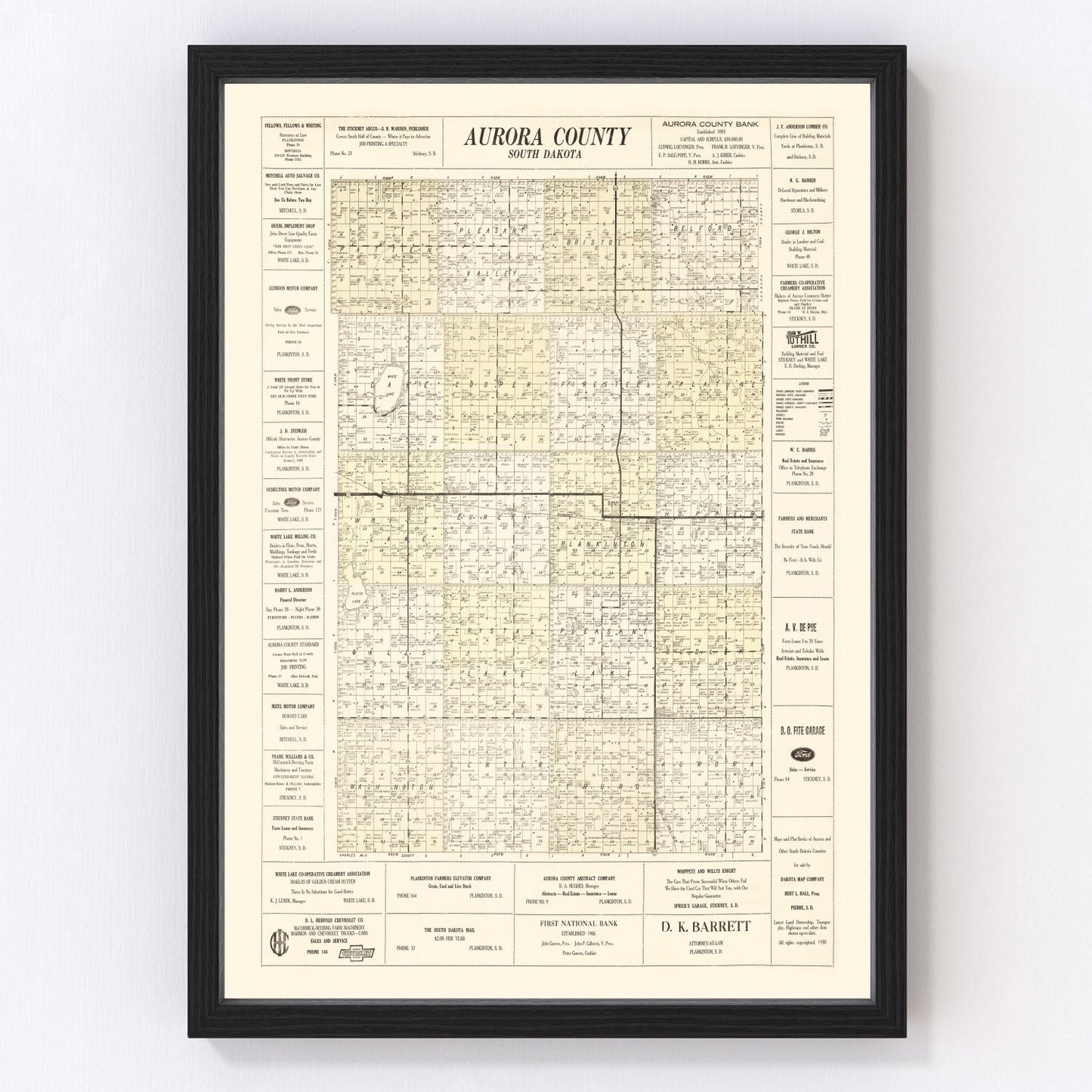 Vintage map of Aurora County, South Dakota prairie roads, 1930