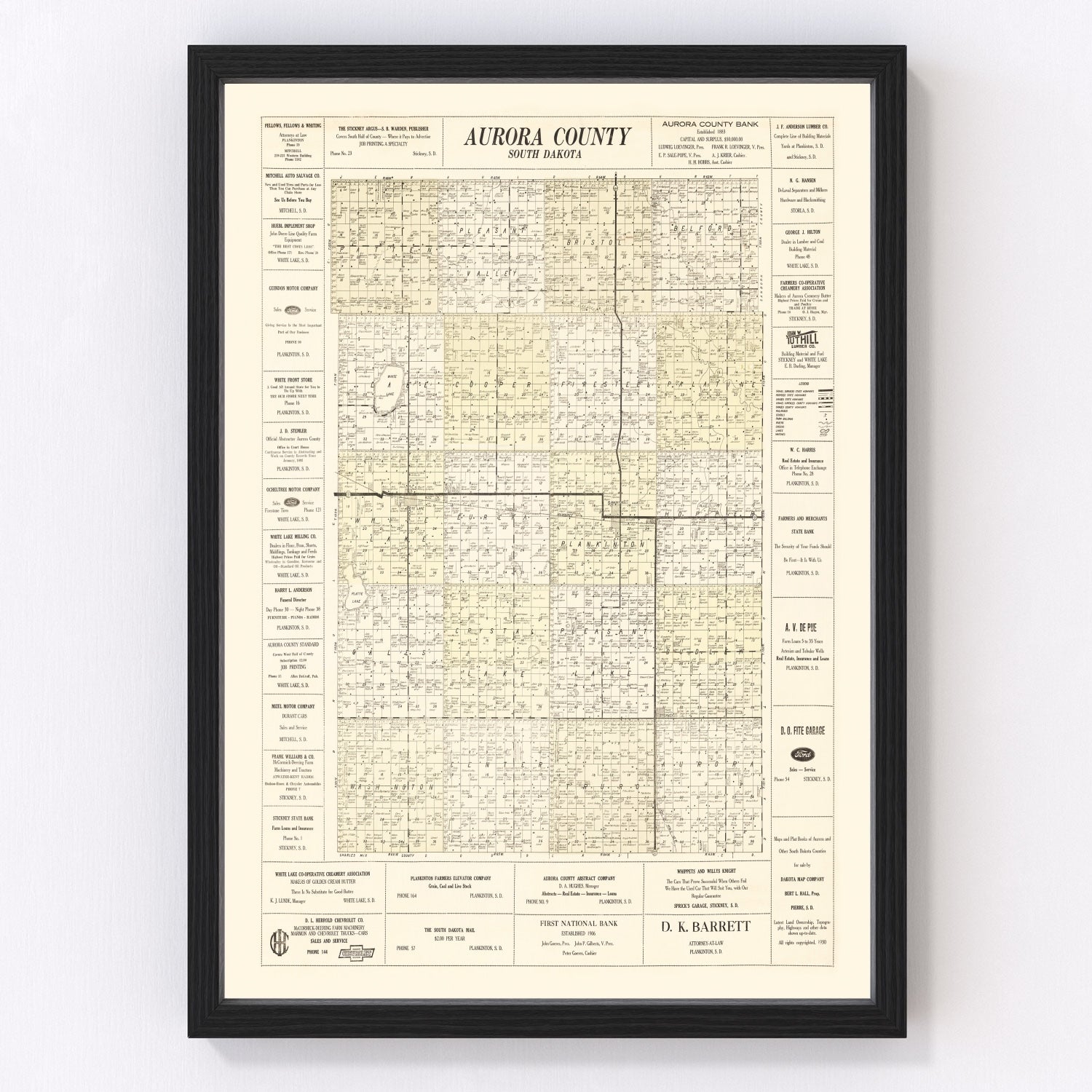 Vintage map of Aurora County, South Dakota prairie roads, 1930