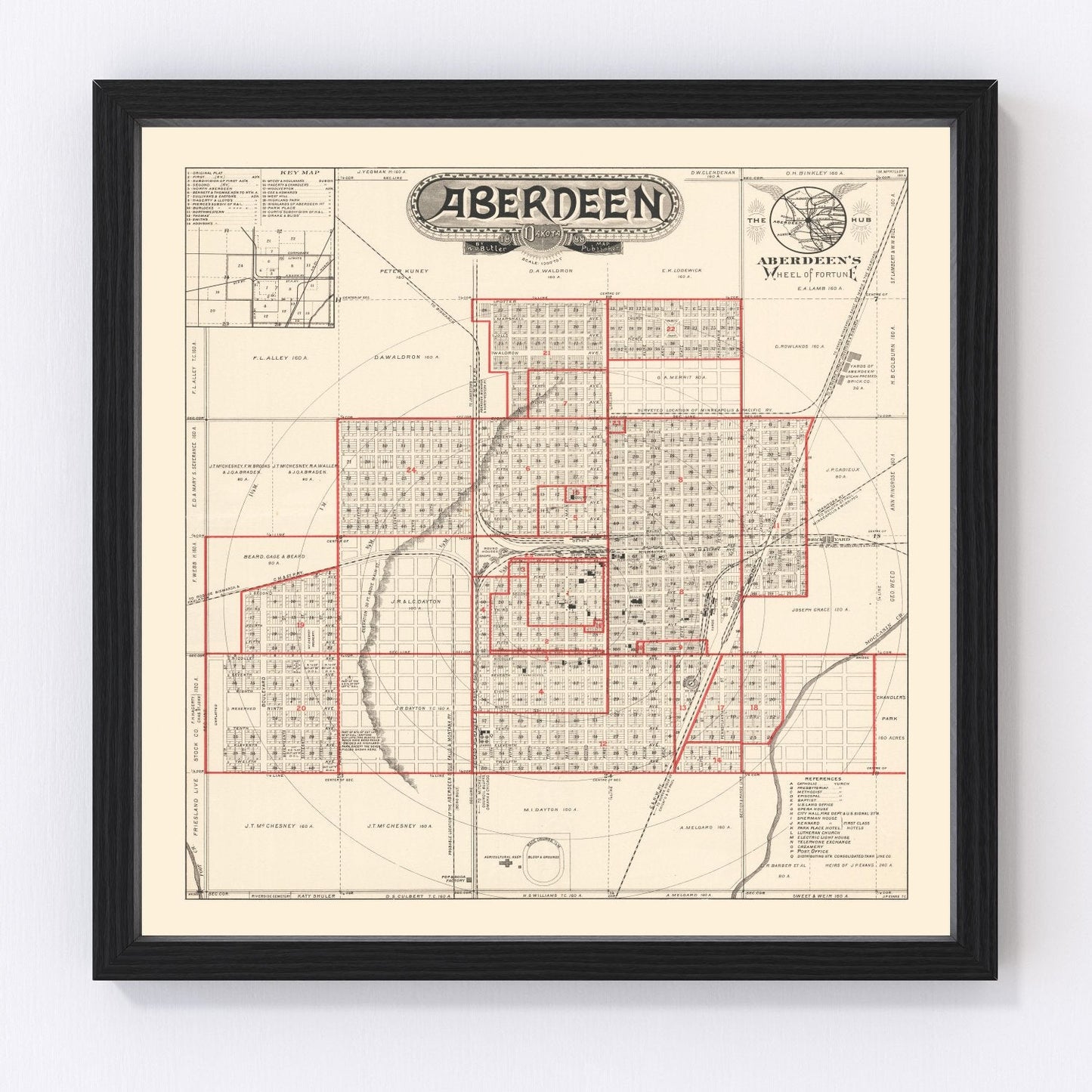Vintage map of Aberdeen, South Dakota, 1888 - restored print