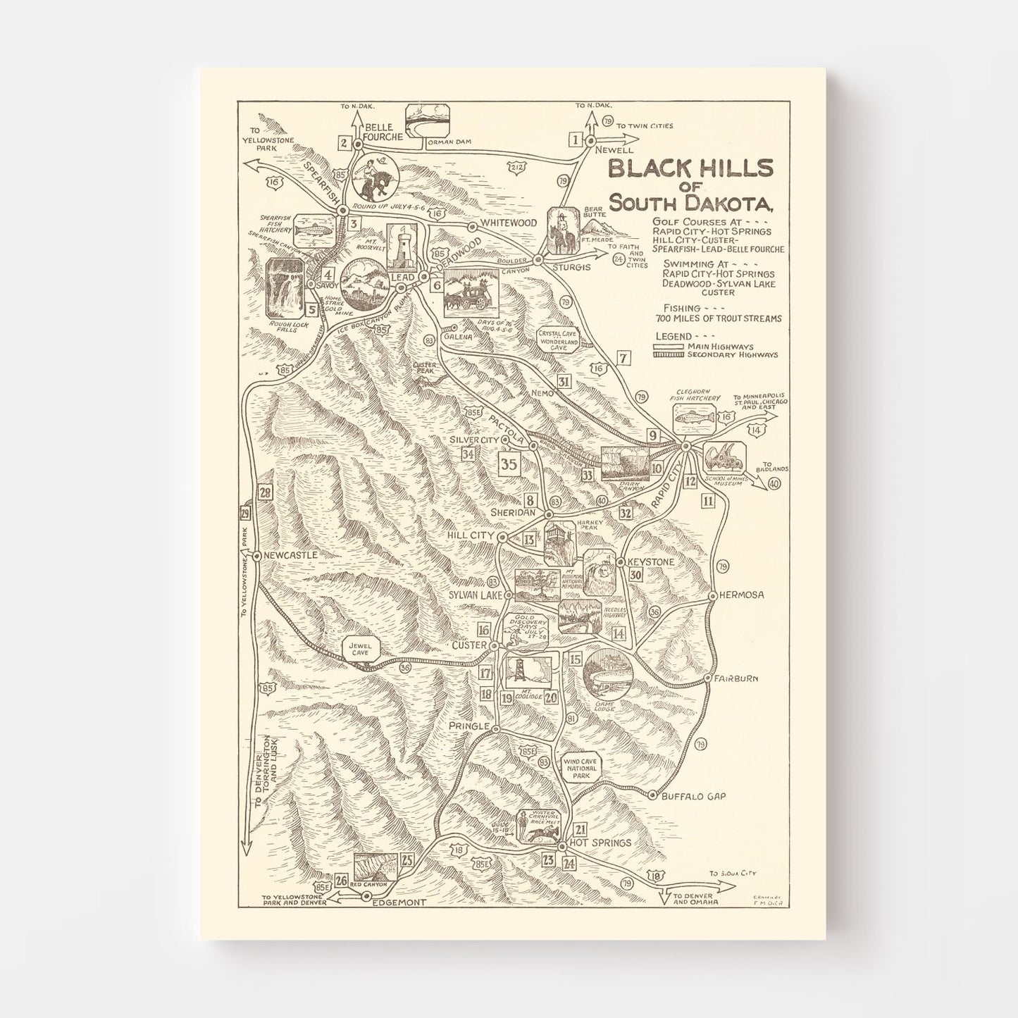 Vintage Map of the Black Hills, South Dakota, 1932