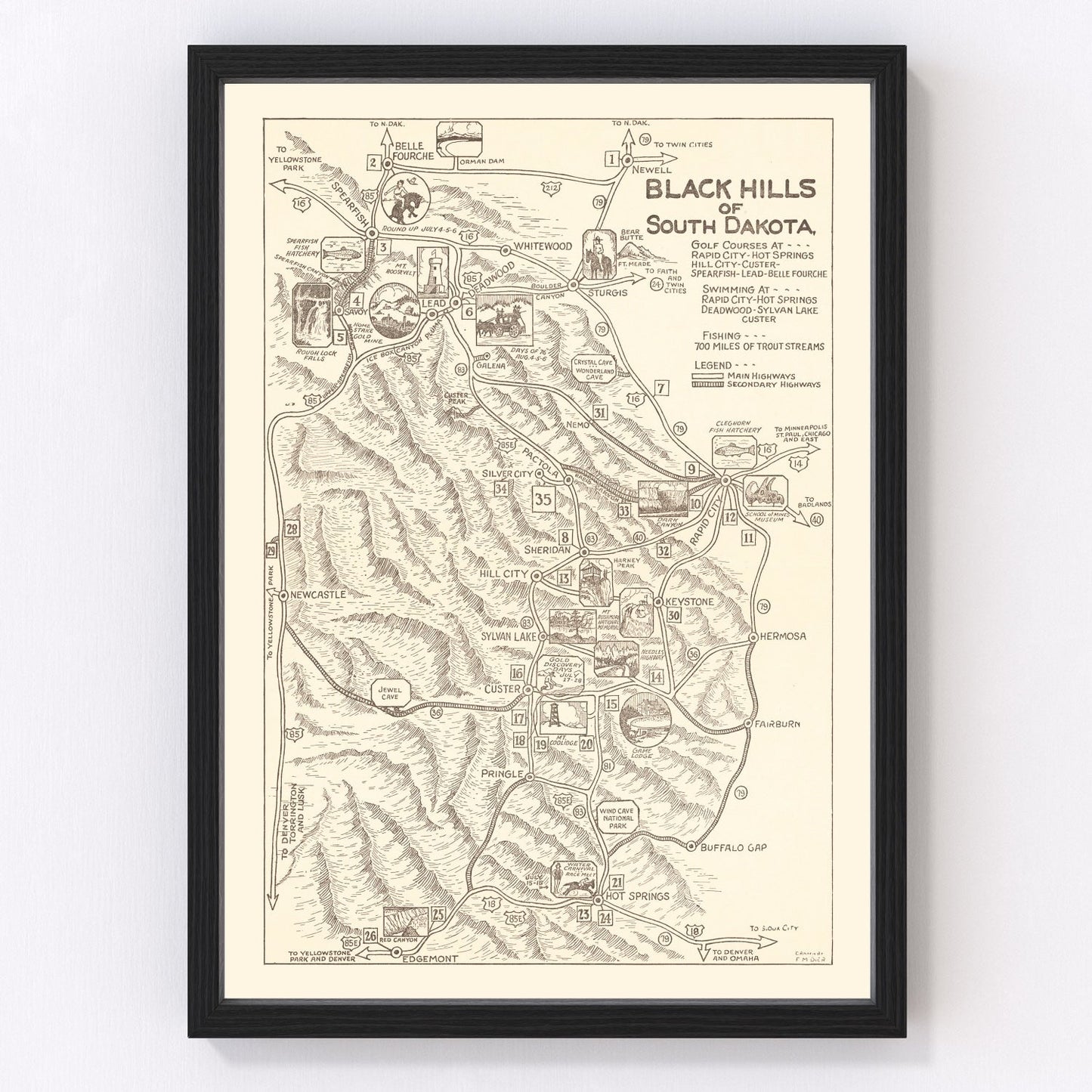Vintage map of the Black Hills, South Dakota, 1932 - Great Depression era cartography print