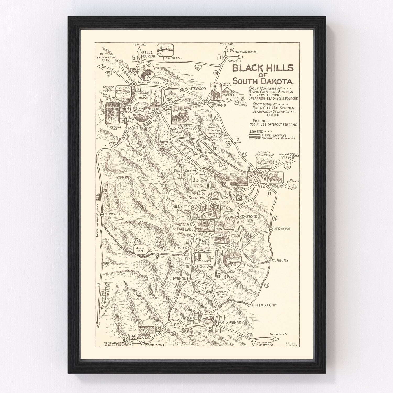 Vintage map of the Black Hills, South Dakota, 1932 - Great Depression era cartography print