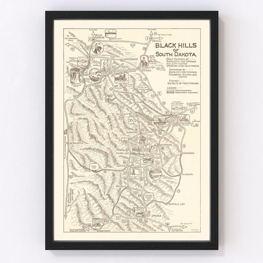 Vintage map of the Black Hills, South Dakota, 1932 - Great Depression era cartography print