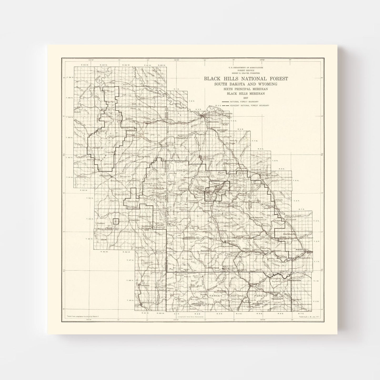 Vintage Black Hills National Forest Map, 1917