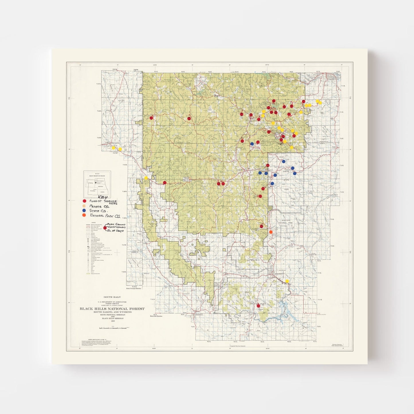 Vintage Black Hills National Forest Map, 1962