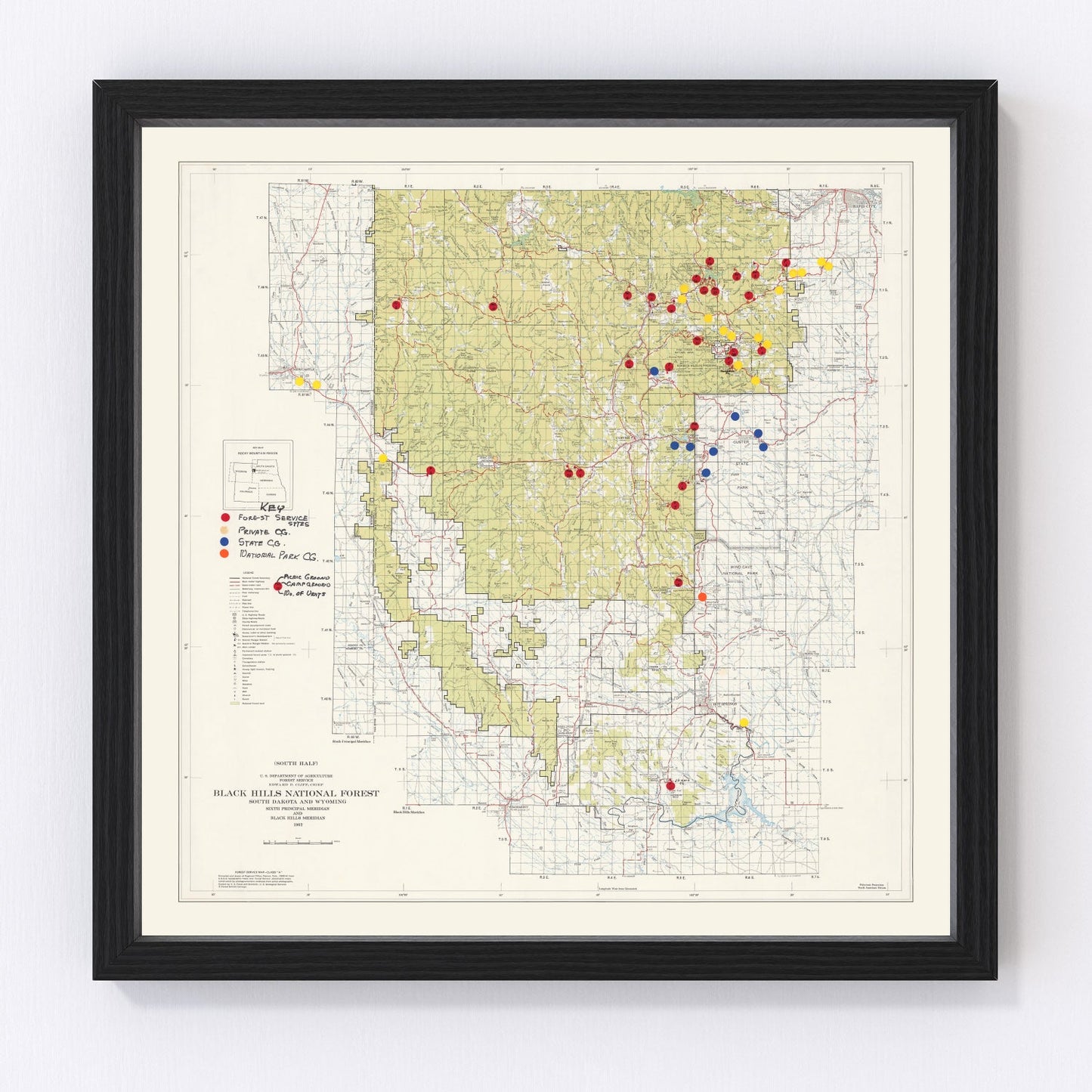 Vintage Black Hills National Forest map, 1962 - campgrounds and wilderness zones print