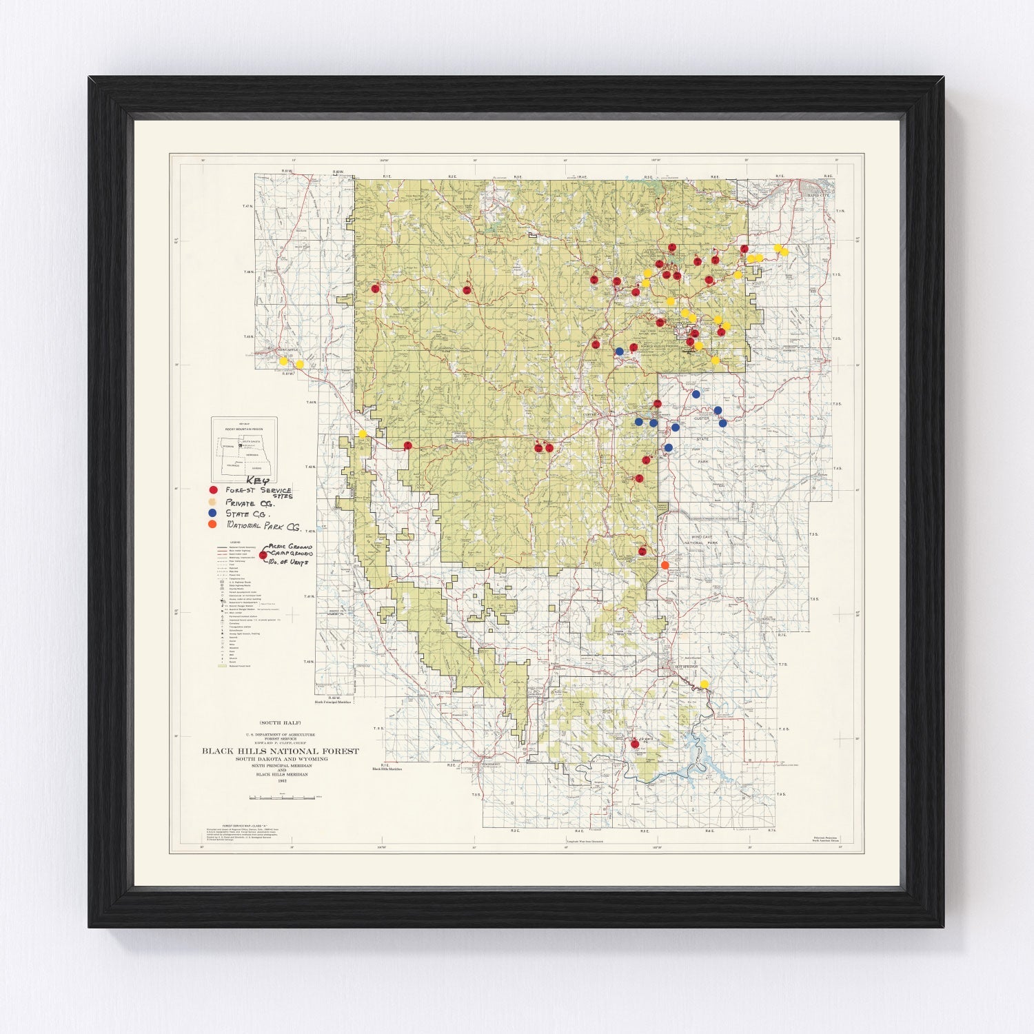 Vintage Black Hills National Forest map, 1962 - campgrounds and wilderness zones print