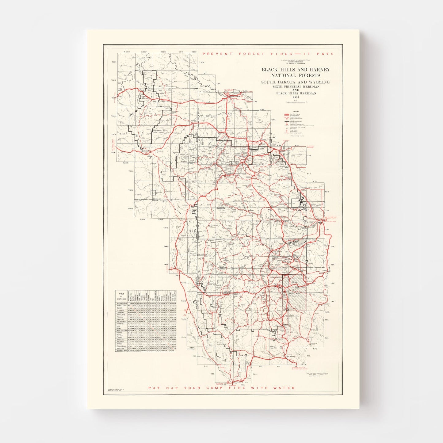 Vintage Map of the Black Hills and Harney National Forest, 1934