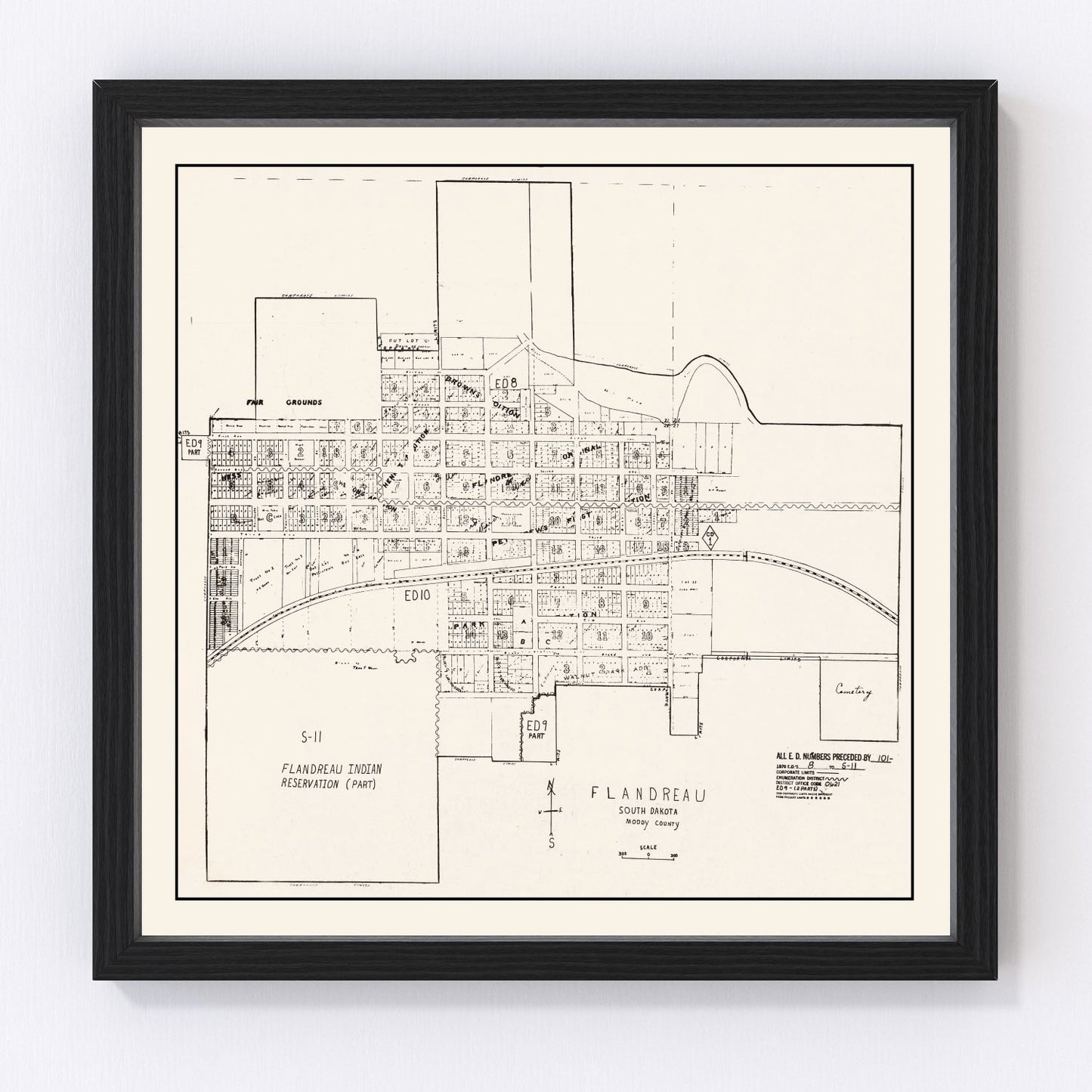 Vintage restored map of Flandreau, South Dakota, 1970, Moody County cartography