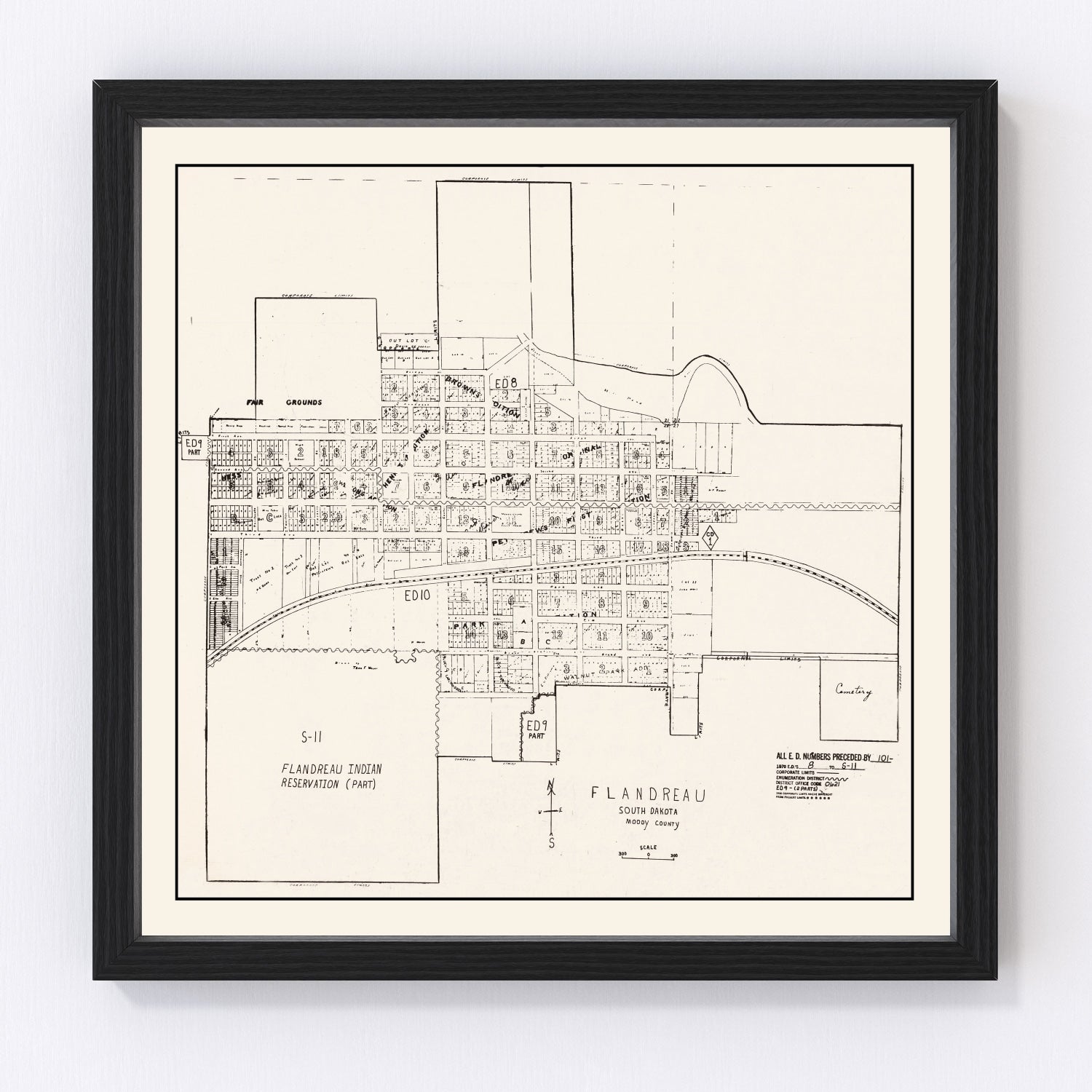 Vintage restored map of Flandreau, South Dakota, 1970, Moody County cartography