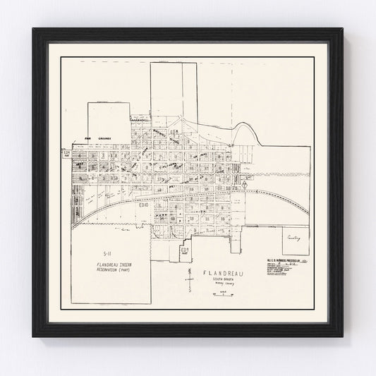 Vintage restored map of Flandreau, South Dakota, 1970, Moody County cartography