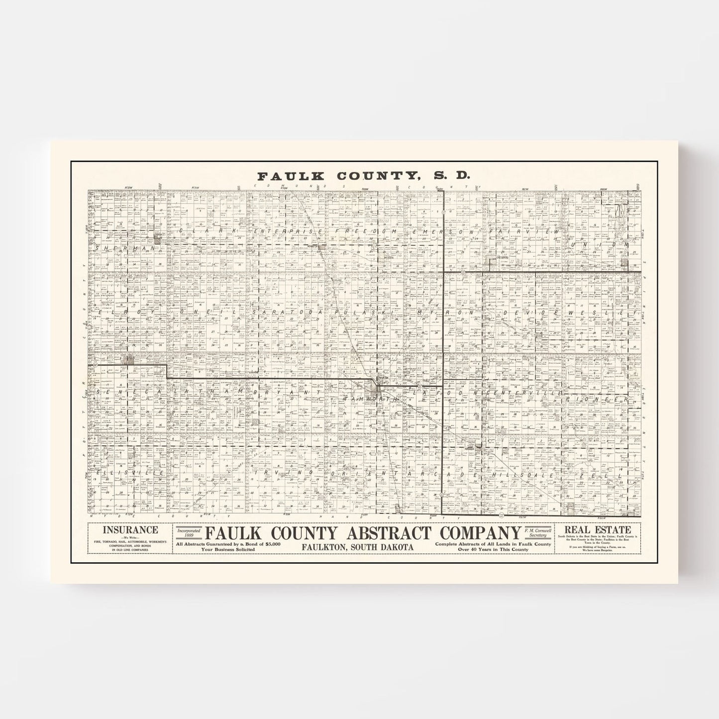 Vintage Map of Faulk County, SD, 1900 - Faulkton, Seneca