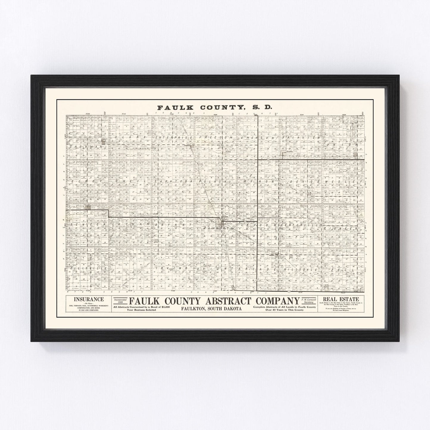 vintage map of Faulk County, South Dakota, 1900, Faulkton Seneca