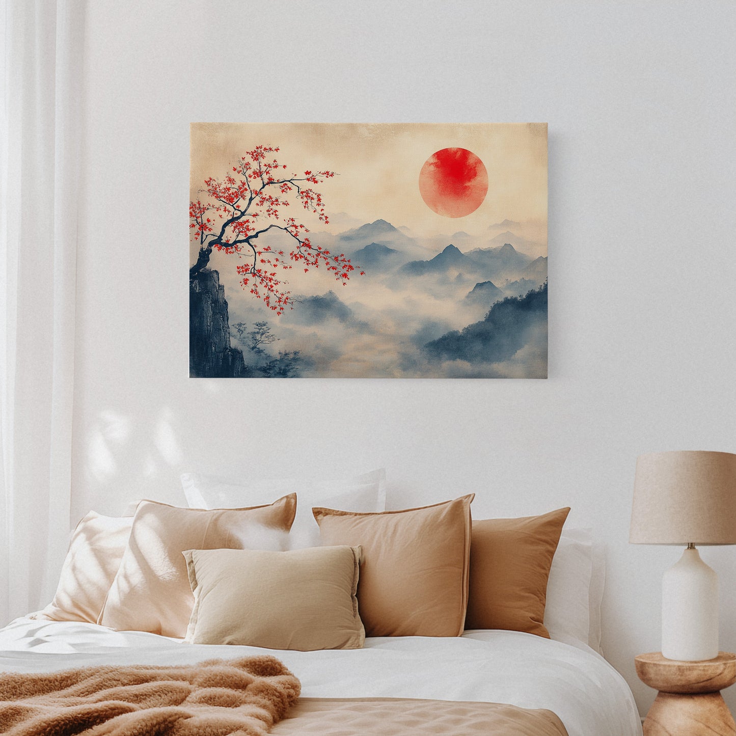 Japanese Red Sun and Misty Mountain Wall Art Print
