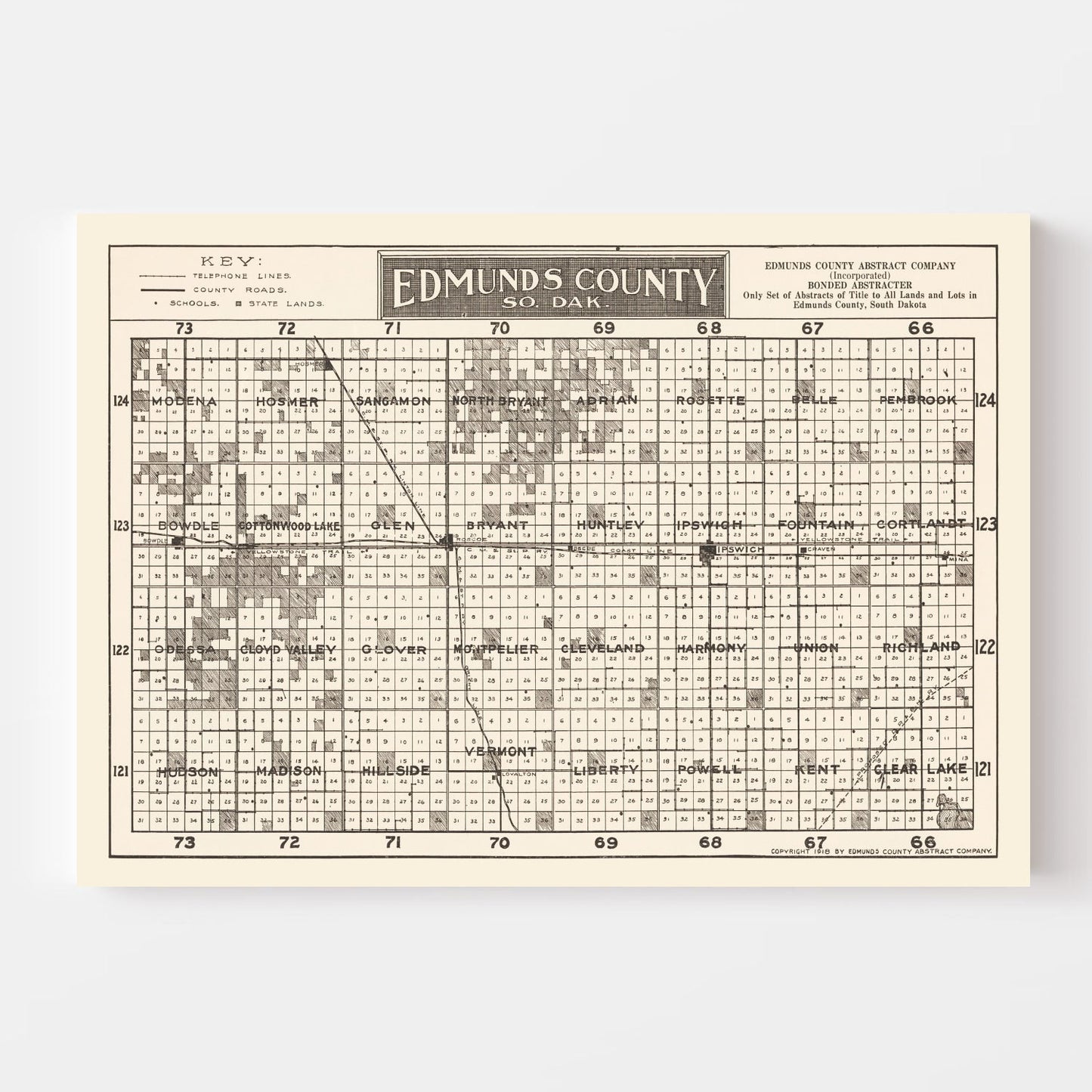 Vintage Map of Edmunds County, South Dakota, 1918