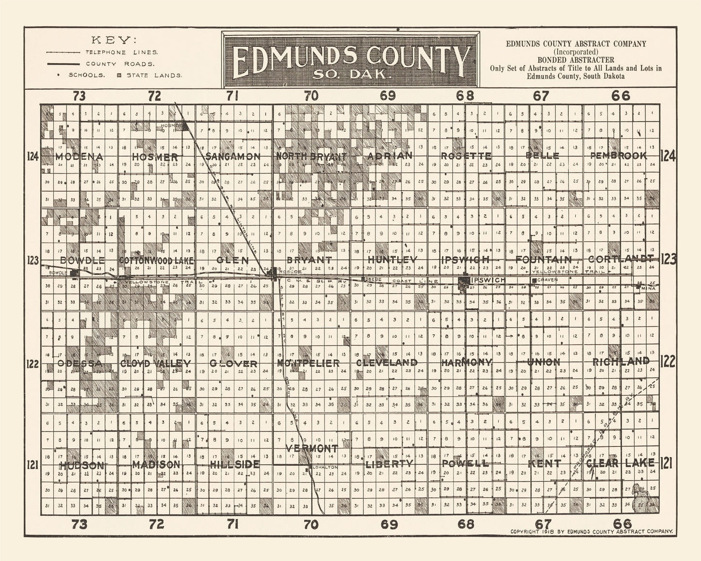 Vintage Map of Edmunds County, South Dakota, 1918
