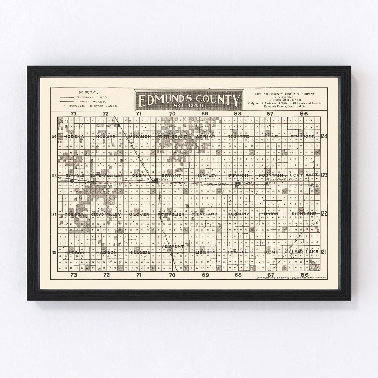 Vintage map of Edmunds County, South Dakota, 1918