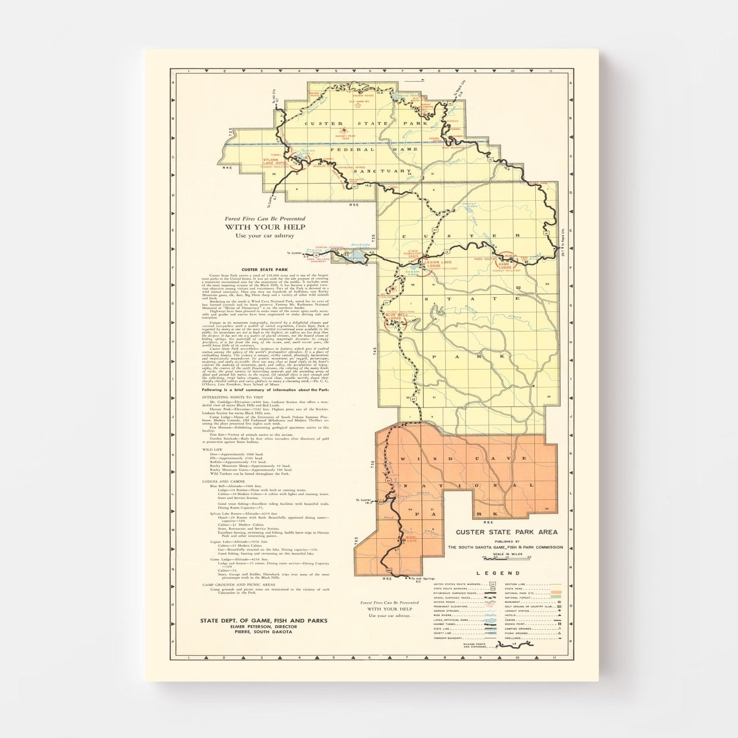 Vintage Custer State Park Map, South Dakota 1940