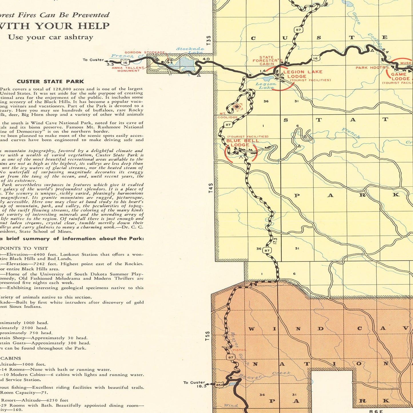 Vintage Custer State Park Map, South Dakota 1940