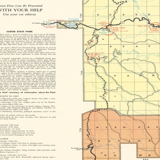 Vintage Custer State Park Map, South Dakota 1940