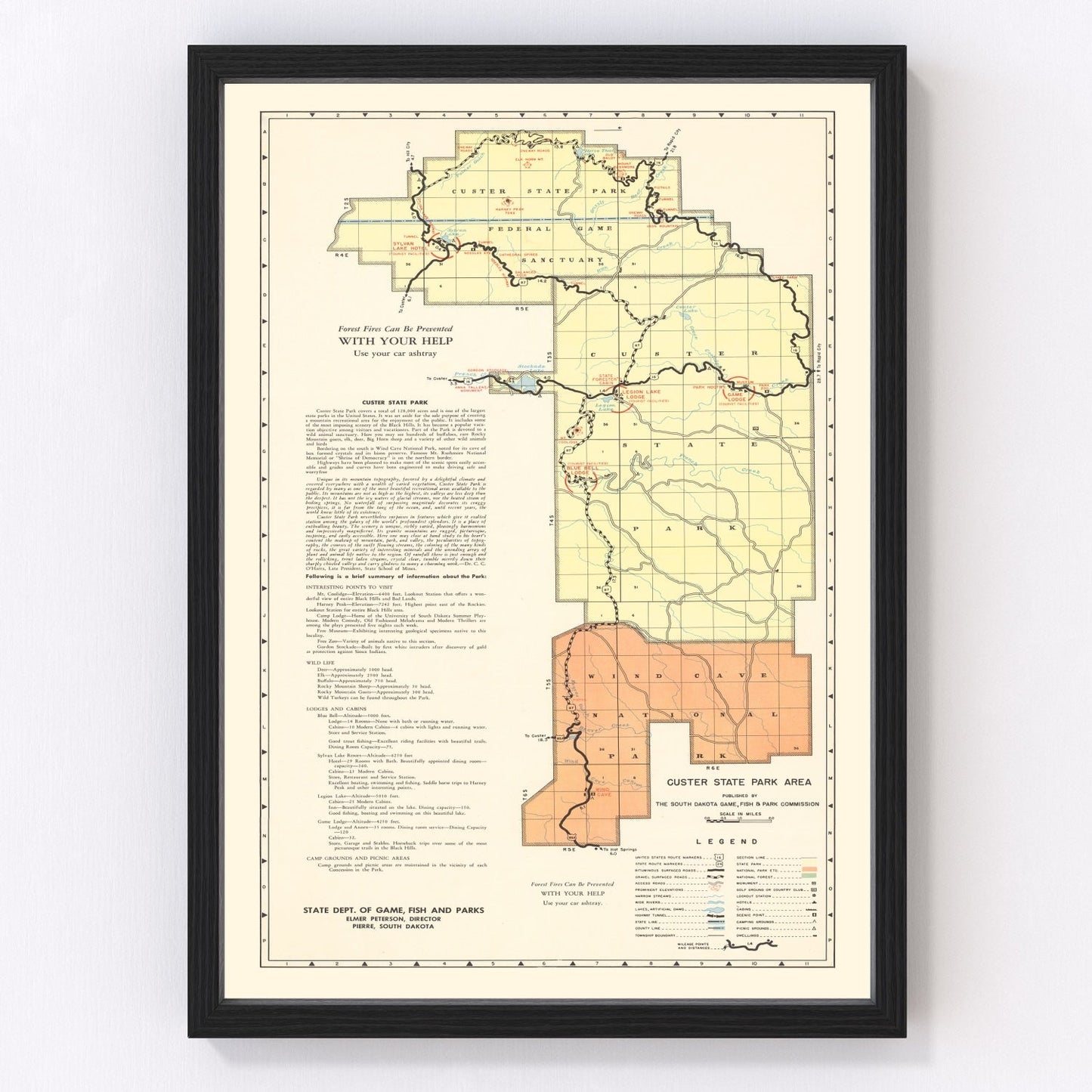 Vintage restored map of Custer State Park, South Dakota, 1940, Black Hills wildlife