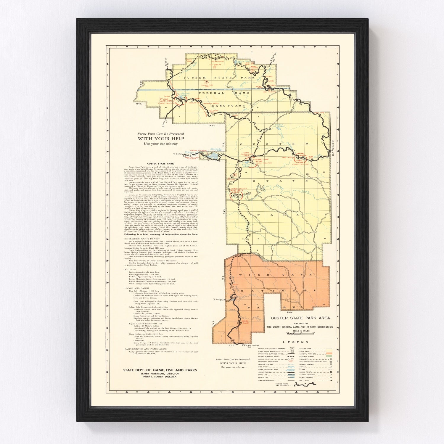 Vintage restored map of Custer State Park, South Dakota, 1940, Black Hills wildlife