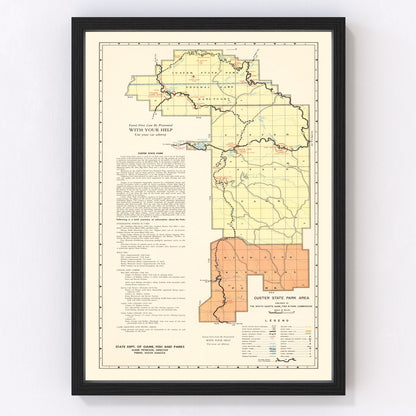 Vintage restored map of Custer State Park, South Dakota, 1940, Black Hills wildlife