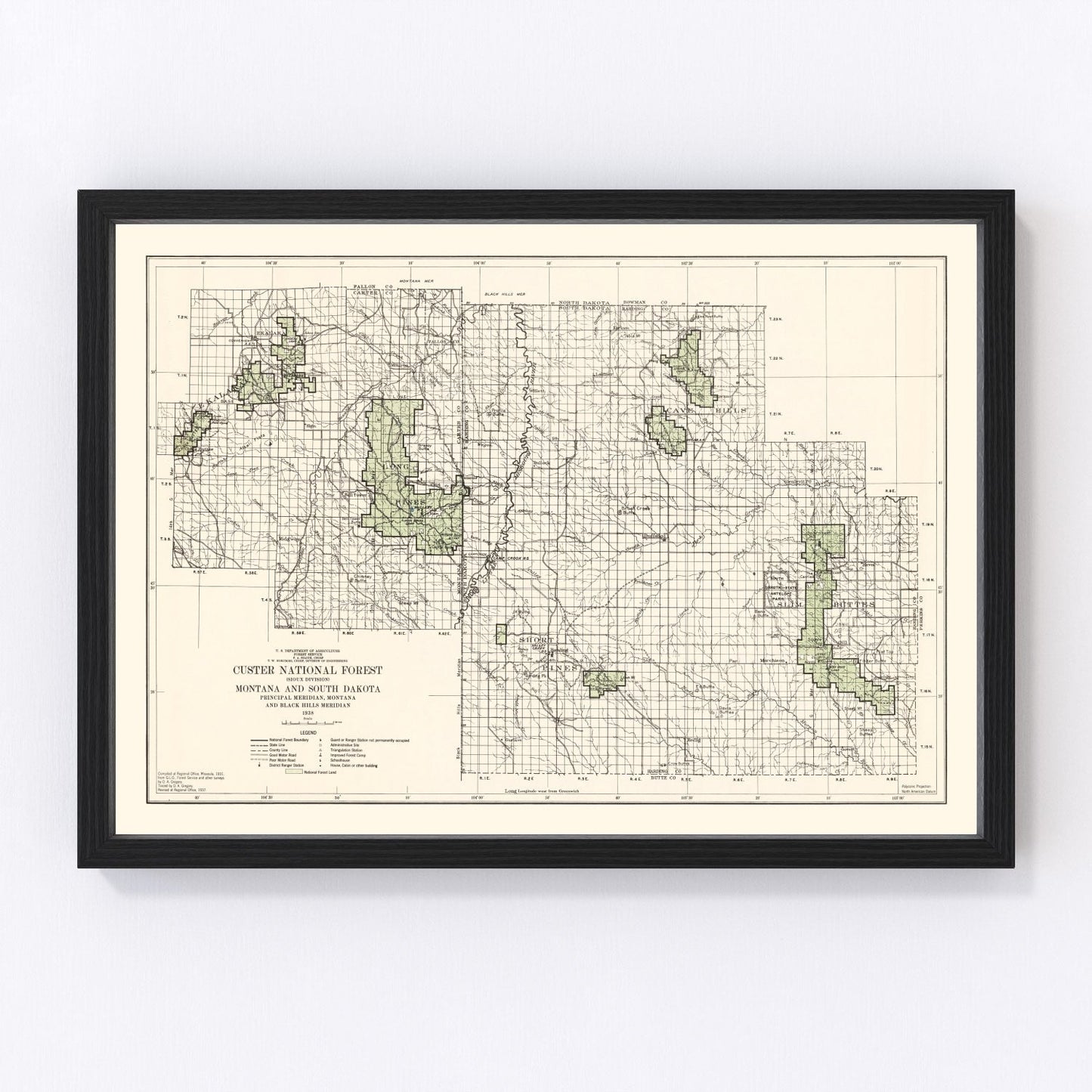 Restored vintage map of Custer National Forest, 1938