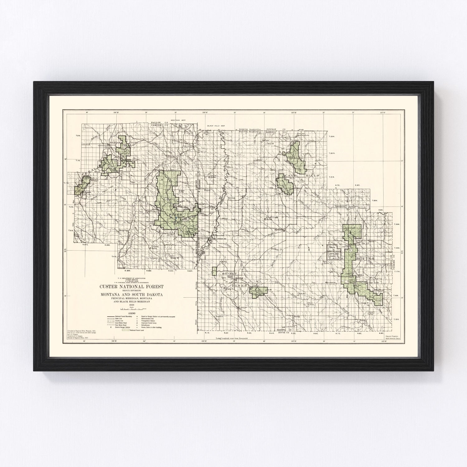Restored vintage map of Custer National Forest, 1938
