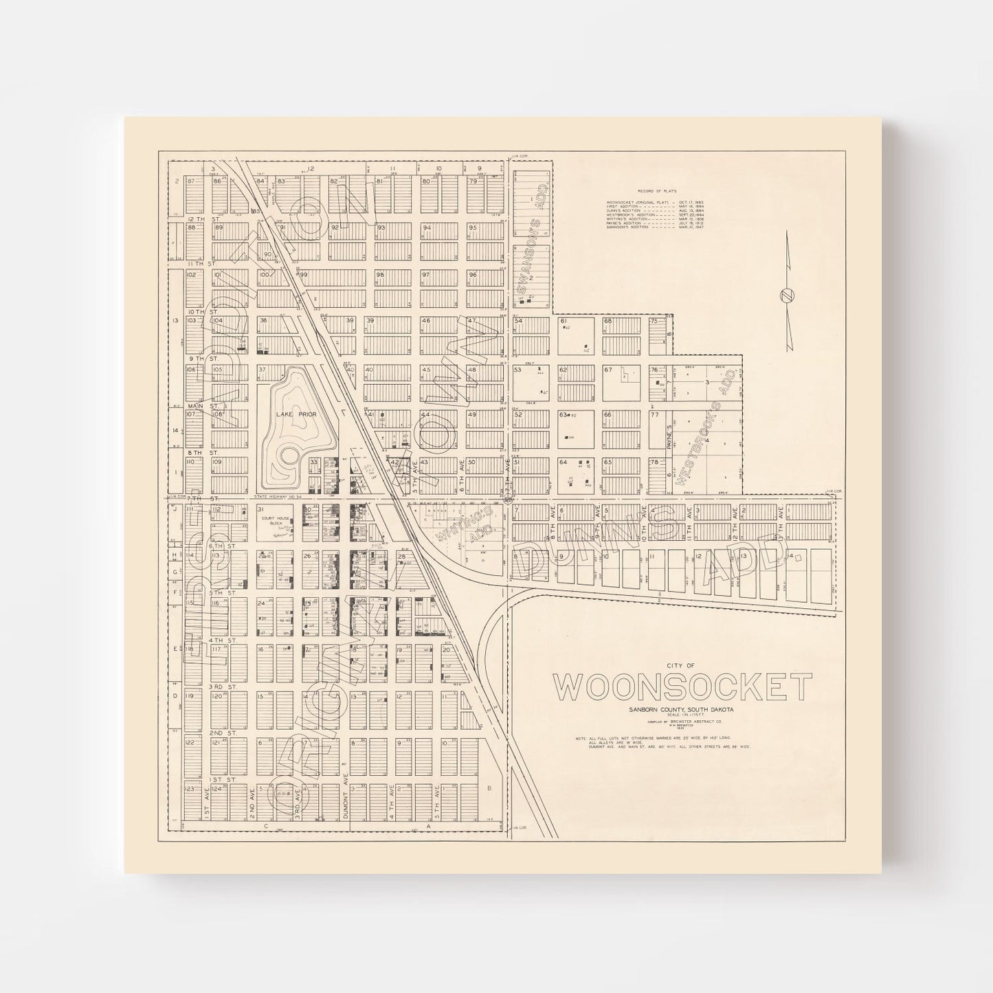 Vintage Map of Woonsocket, South Dakota, 1950
