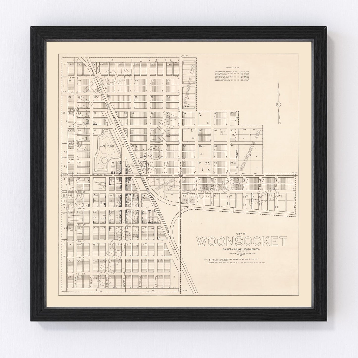 Vintage map of Woonsocket, South Dakota, 1950, Sanborn County restored