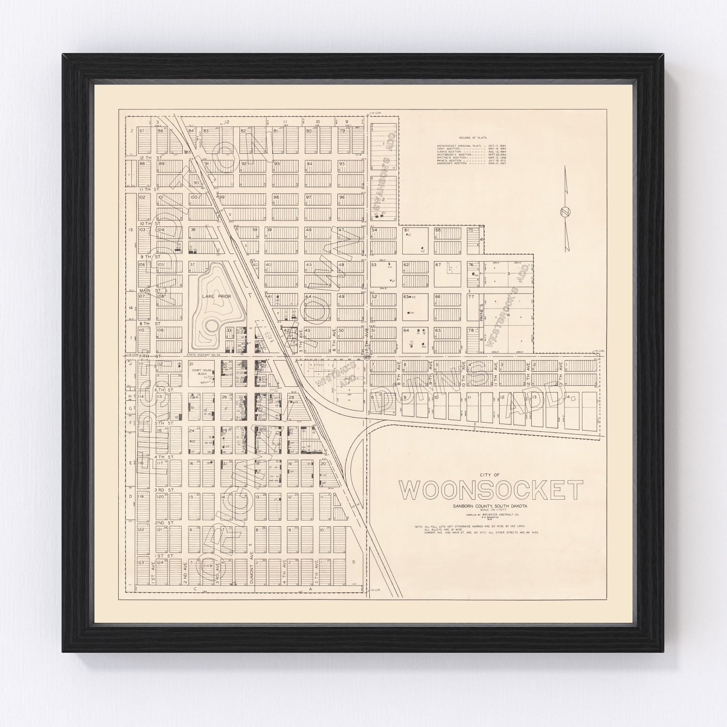 Vintage map of Woonsocket, South Dakota, 1950, Sanborn County restored