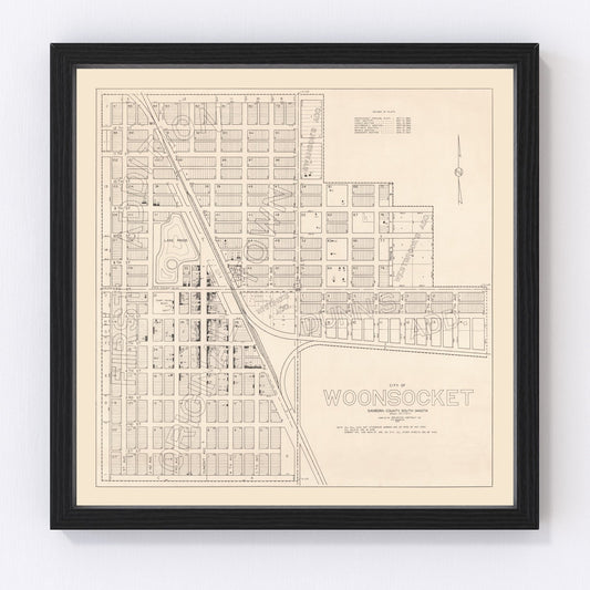 Vintage map of Woonsocket, South Dakota, 1950, Sanborn County restored