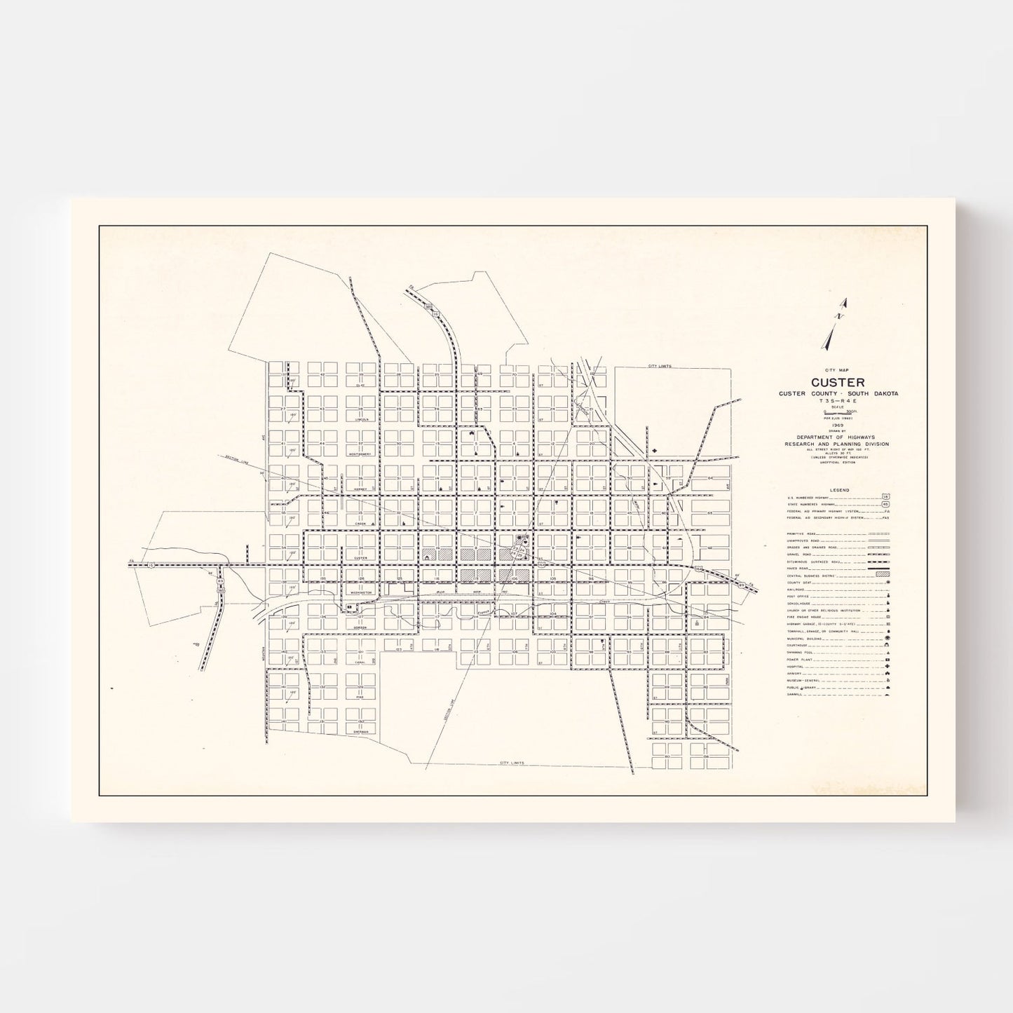 Vintage Map of Custer, South Dakota, 1969