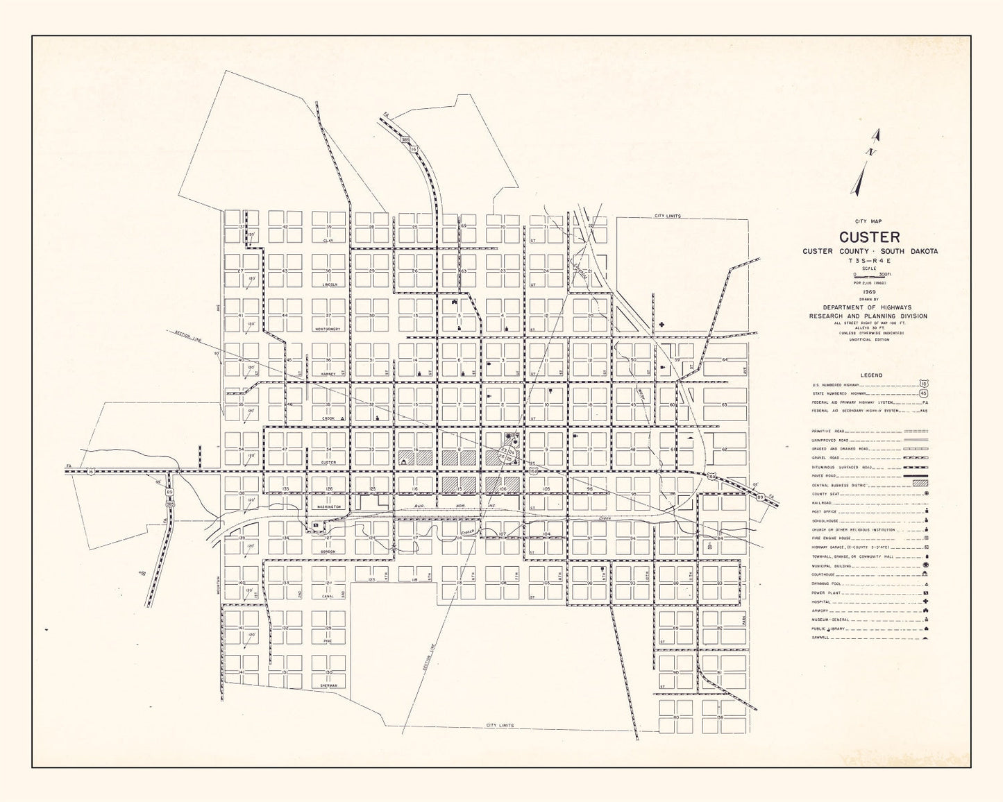 Vintage Map of Custer, South Dakota, 1969