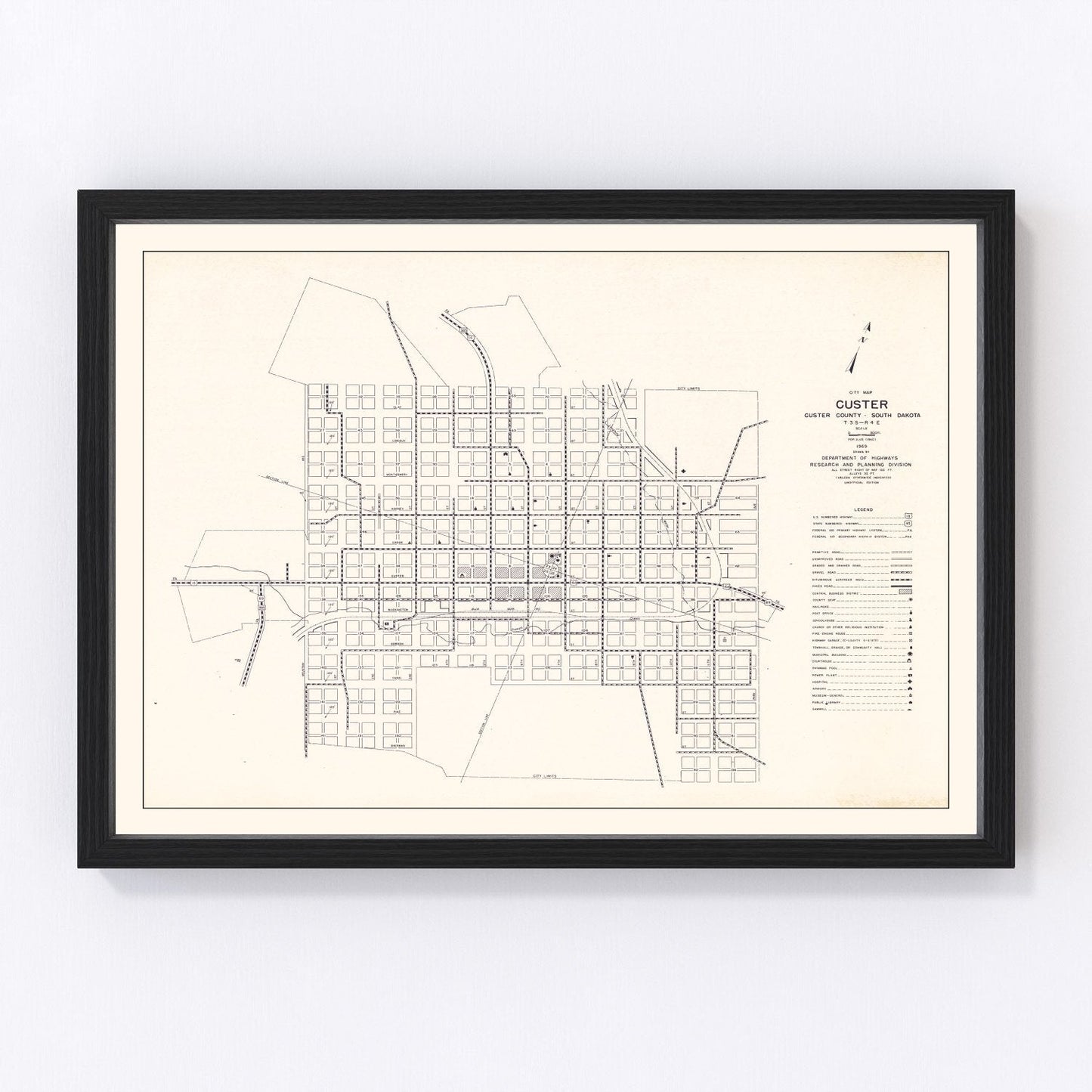 Vintage map of Custer, South Dakota, 1969