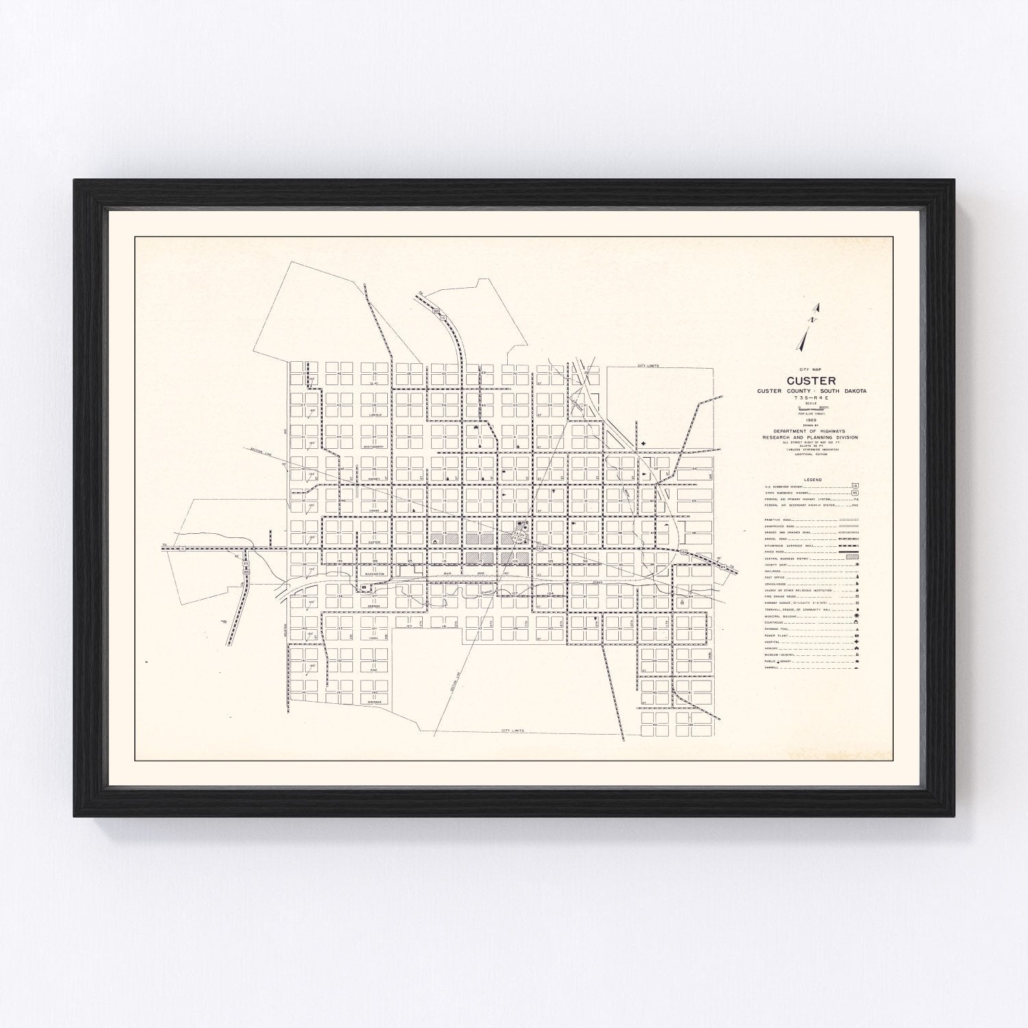 Vintage map of Custer, South Dakota, 1969