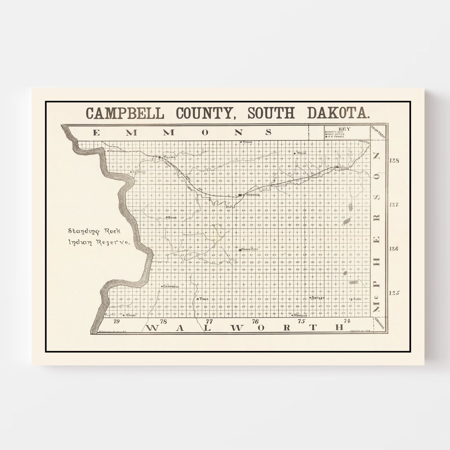 Vintage Map of Campbell County, South Dakota, 1908