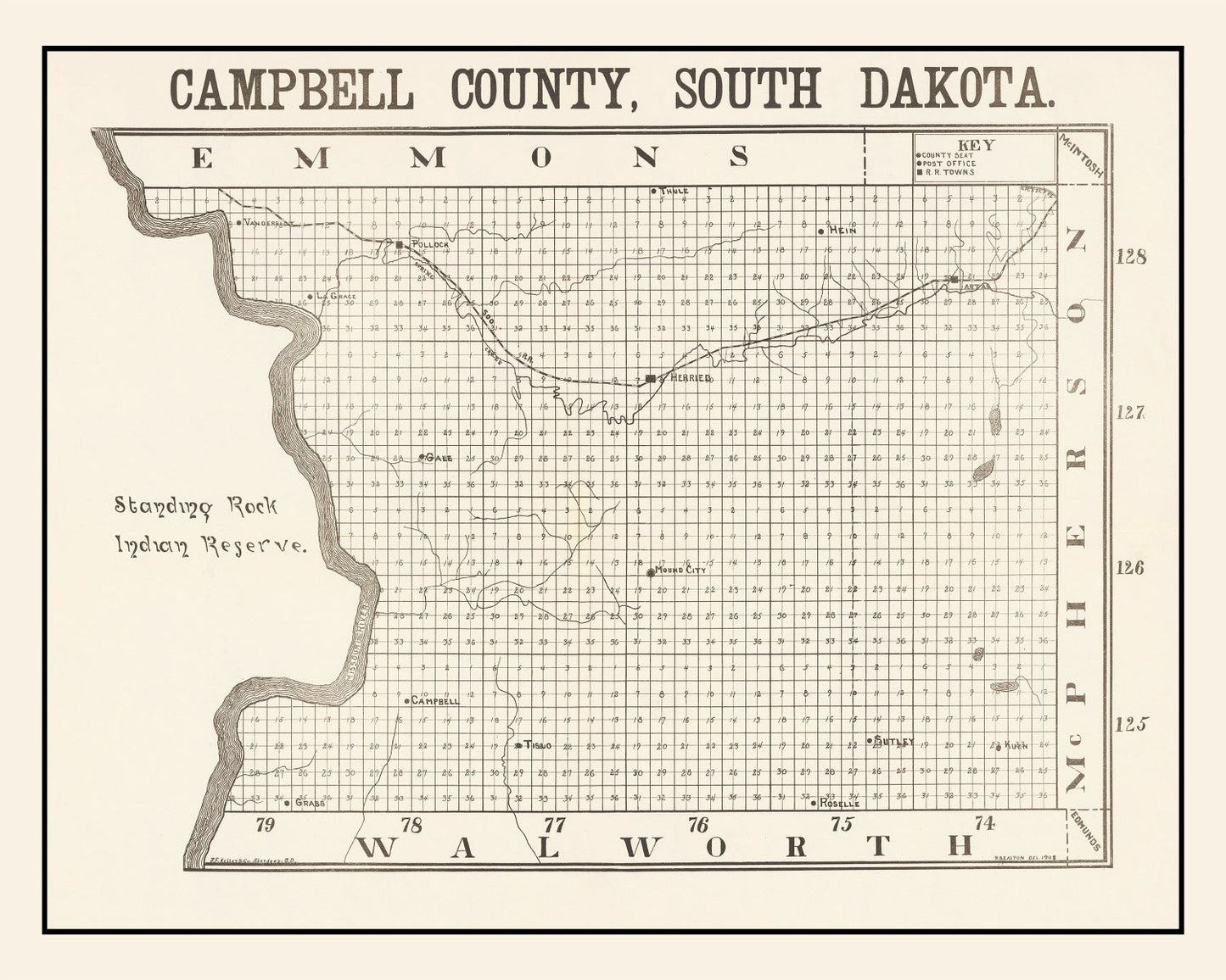 Vintage Map of Campbell County, South Dakota, 1908