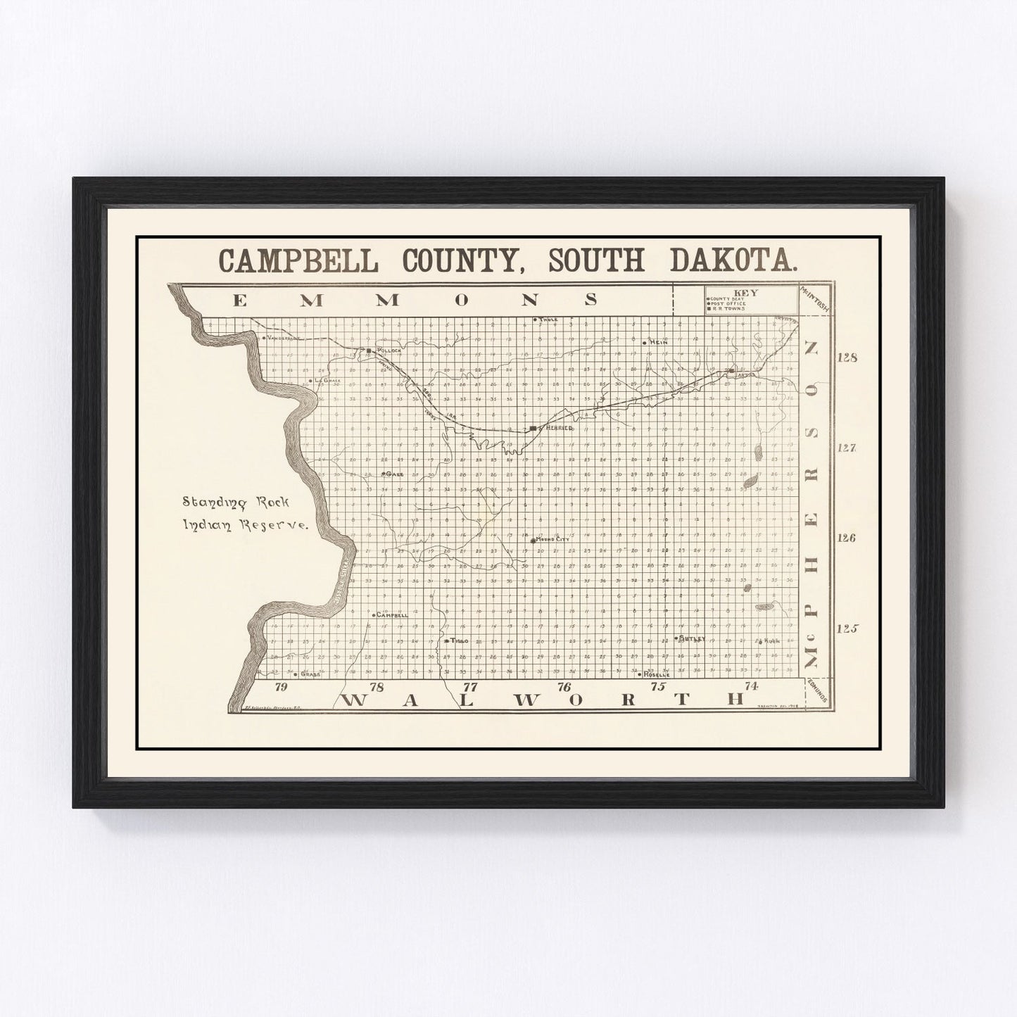 Vintage map of Campbell County, South Dakota, 1908, digitally restored antique cartographic print