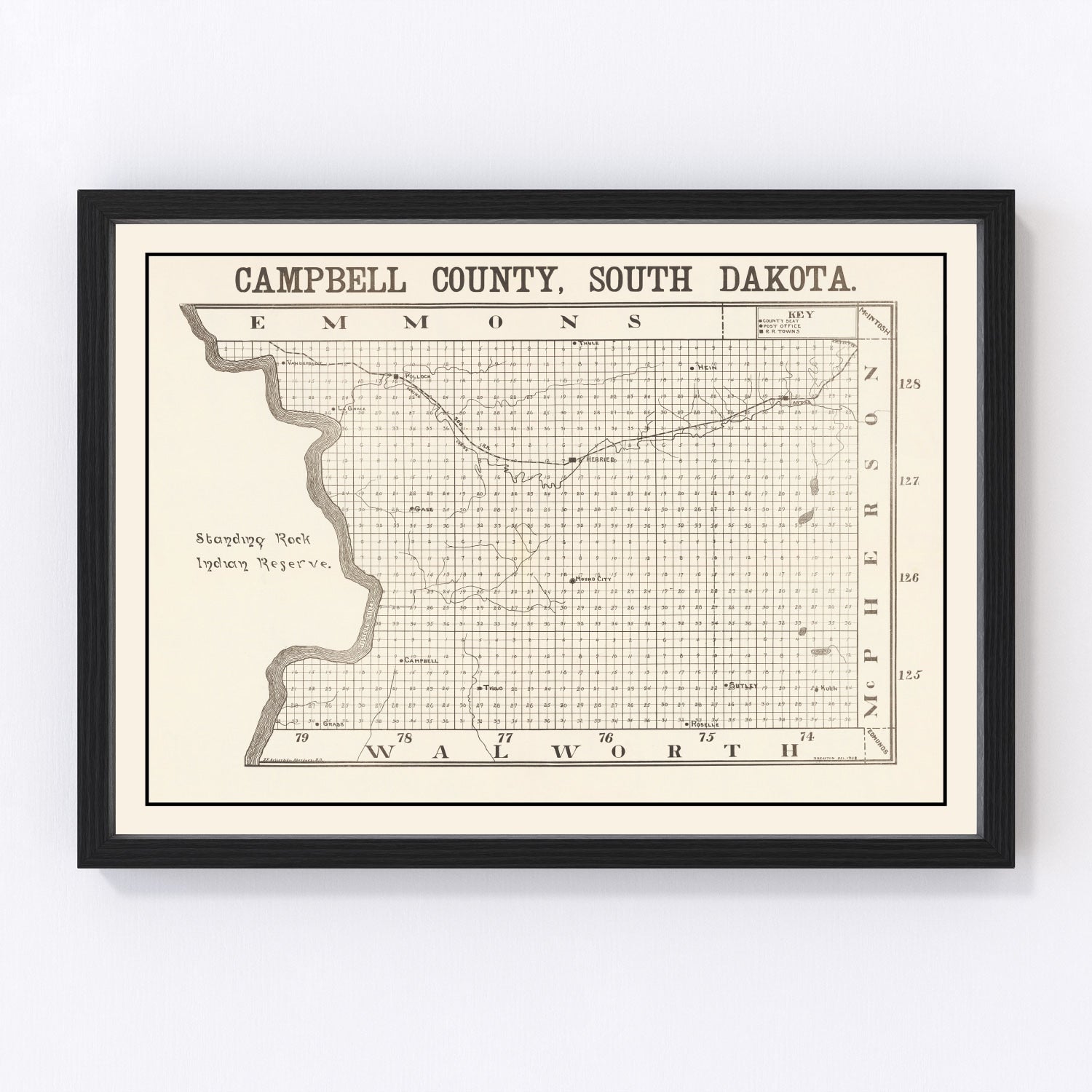 Vintage map of Campbell County, South Dakota, 1908, digitally restored antique cartographic print